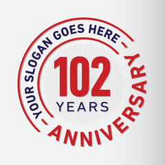 102 years anniversary logo template. One hundred and two years celebrating logotype. Vector and illustration.