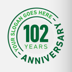 102 years anniversary logo template. One hundred and two years celebrating logotype. Vector and illustration.