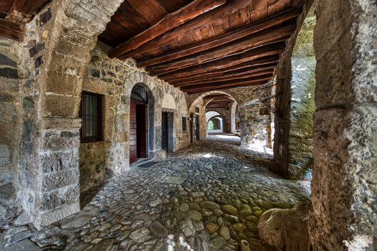 Porch of Cornello dei Tasso. Ancient village of the brembana valley Bergamo Italy