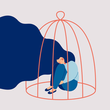 Young sad woman locked in a cage. Concepts of restrictions on the ability of women in society. Human character illustration