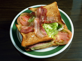 Imagen con un sandwich de queso fundido con bacon y ensalada.