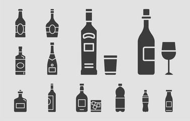 Bottle Icons set - Vector solid silhouettes of drink and alcohol for the site or interface