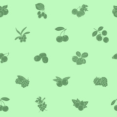 Berry  background - Vector seamless pattern solid silhouettes of strawberry, raspberry, cherry, blueberry, cloudberry, dogrose and cranberry for graphic design