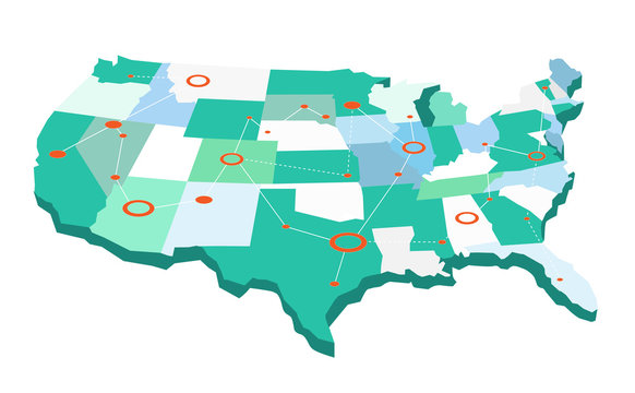 USA graphic network map. A map of the United States with some states connected between them. Vector illustration