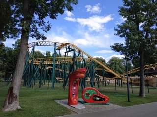 Kharkov, Ukraine, July 4, 2019. Attraction. Roller coaster in Shevchenko park.