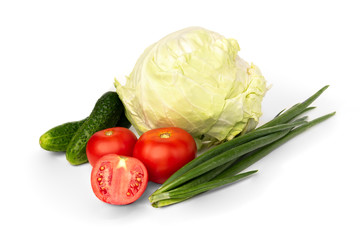 Fresh cabbage, carrot and onion isolated on white background.