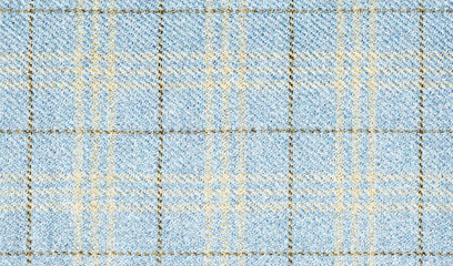 Winter jackets. Geometric patterns in fabrics. Virgin wool extra fine. Light blue with Brown cross. Glenurquhart check is made of cashmere. Traditional Scottish Glen plaid
