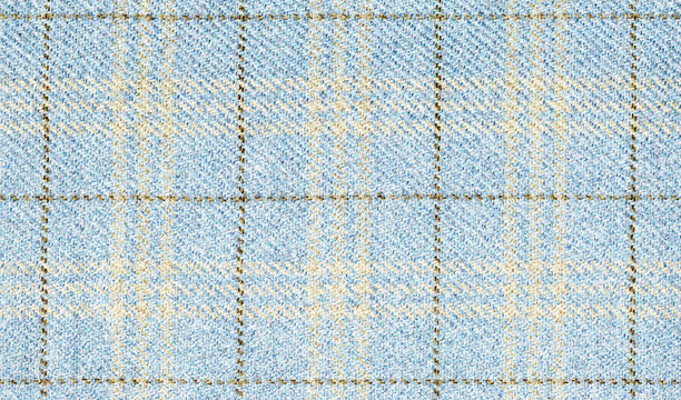 Winter jackets. Geometric patterns in fabrics. Virgin wool extra fine. Light blue with Brown cross. Glenurquhart check is made of cashmere. Traditional Scottish Glen plaid