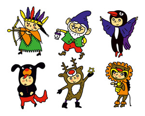 Children in Christmas costumes. Cheerful children celebrate Christmas and winter holidays. Cartoon New Year's party costume . Vector