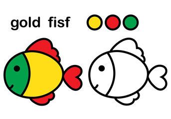 goldfish coloring book, cartoon character, flat style, for children's creativity.
