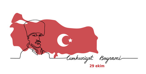Cumhuriyet Bayrami, 29 ekim (29 october Republic Day of Turkey). Banner with map, flag and Mustafa Kemal portrait. One continuous line drawing background for Turkish National Day celebration.