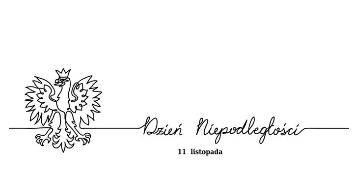 Translation: Poland Independence day, november 11. Banner with coat of arm, eagle. One continuous line drawing for Poland Independence day celebration.