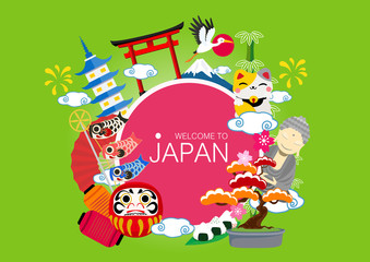 Obraz na płótnie Canvas Attractions in Japan, Overview of the major tourist attractions of Japan. With Mt. Takao Fuji and Cute cartoon.Travel Japan vector illustration.