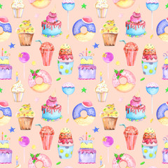 Illustration seamless pattern drawn by watercolor confectionery: cakes, muffins, macaroons on the background.