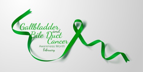 Gallbladder and Bile Duct Cancer Awareness Calligraphy Poster Design. Realistic Kelly Green Ribbon. February is Gallbladder and Bile Duct Cancer Awareness Month. Vector. Illustration