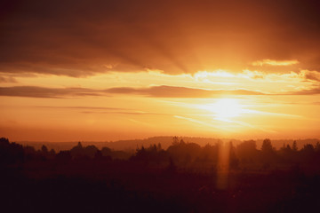 Morning summer foggy dawn in the field. Summer landscape. The sun is waking up. The sky and the sun. Golden sky. The lights of a sun. Golden dawn.