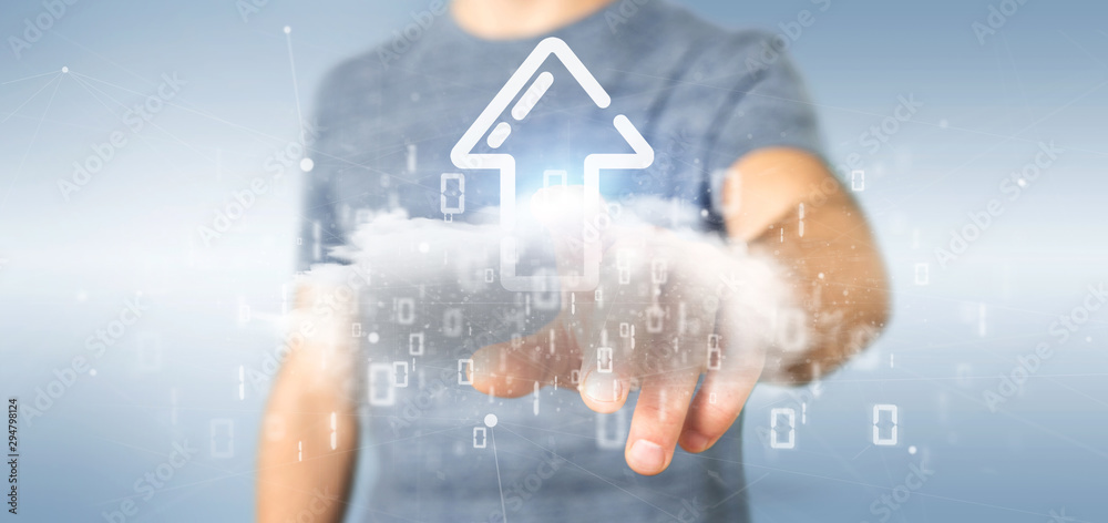 Poster businessman holding a binary cloud with upload internet arrow 3d rendering