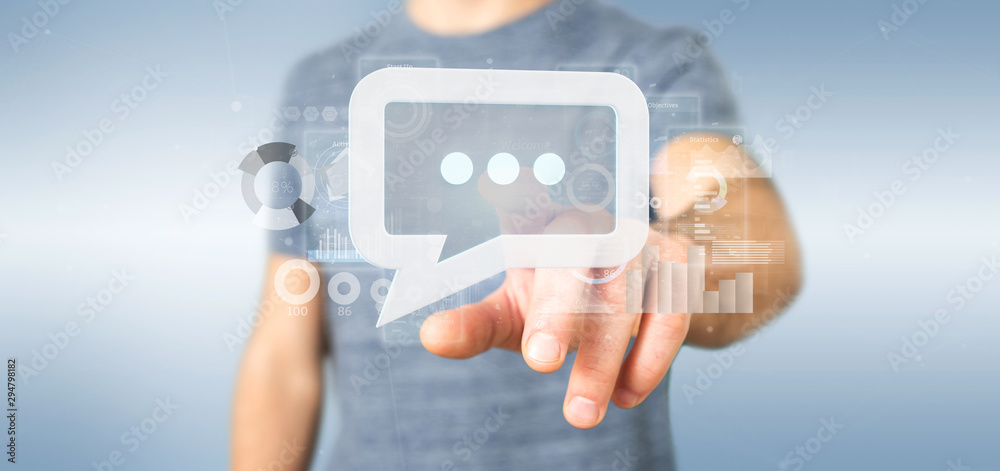 Poster view of a businessman holding a message icon with data in background - 3d rendering