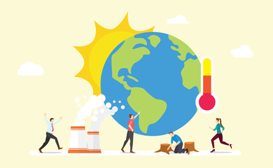 global warming earth concept with sun and thermometer with team people with modern flat style - vector