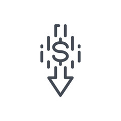 Dollar price reduction line icon. Down arrow with dollar vector outline sign.