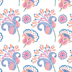 Fototapeta na wymiar Floral seamless background pattern with mix wild flowers and leaves Line art. Embroidery flowers. Vector illustration. Textile design, wallpaper, card design.