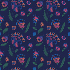 Floral seamless background pattern with mix wild flowers and leaves Line art. Embroidery flowers. Vector illustration. Textile design, wallpaper, card design.