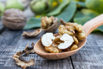 Walnuts and walnut kernels lie in a spoon on a rustic old wooden table. Kernels of walnuts.