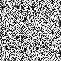 Floral monoline seamless pattern background, textile printing. Hand drawn endless vector illustration of flowers on light background. Flower theme. Summer collection