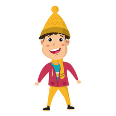 Funny warmly dressed baby in cartoon style. Isolated on white background. Children in winter.