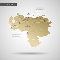 Fototapeta premium Stylized vector Venezuela map. Infographic 3d gold map illustration with cities, borders, capital, administrative divisions and pointer marks, shadow; gradient background.