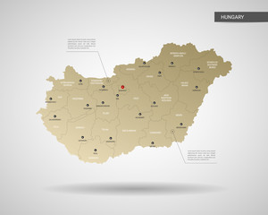 Stylized vector Hungary map.  Infographic 3d gold map illustration with cities, borders, capital, administrative divisions and pointer marks, shadow; gradient background.
