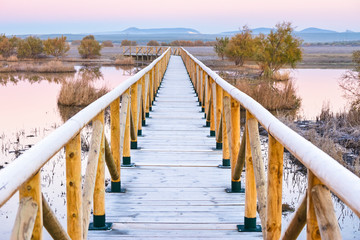 Wooden walkway in the lagoon of Fuente de Piedra, Malaga. Spain