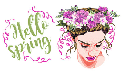  Spring look model. Beautiful girl in a wreath of peonies and roses. Flower wreath. Vector illustration for postcard or poster, print for clothes or accessories. Fashion & Style. Summer, spring, flowe