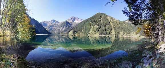 Berge, See, Spiegelsee, Natur, Vilsalpsee, Tirol, Baum, Himmel, blau, grün, reflexion