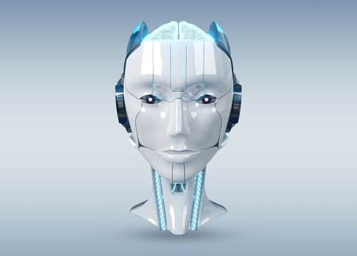 White and blue female cyborg robot head isolated on grey background 3d rendering