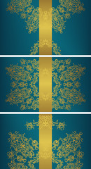 Set of templates for cards and invitations. Vintage gold floral decoration on blue background