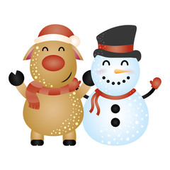 merry christmas cute snowman and reindeer