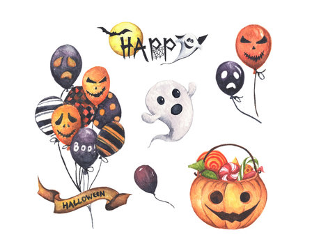 Watercolor Halloween set. Holiday illustration for design. In the picture: air balloon, pumpkin basket, little ghost and Halloween text banner.