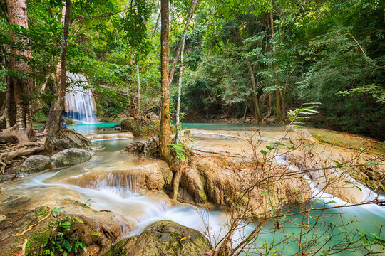 Picture of waterfall beautiful (erawan waterfall) in kanchanaburi province asia southeast asia Thailand, Travel Destinations Concept stock