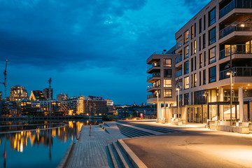 Oslo, Norway. Night View Embankment And Residential Multi-storey House On Sorengkaia Street In...