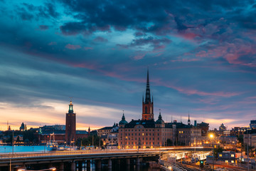 Stockholm, Sweden. Scenic View Of Stockholm Skyline At Summer Evening Night. Famous Popular...