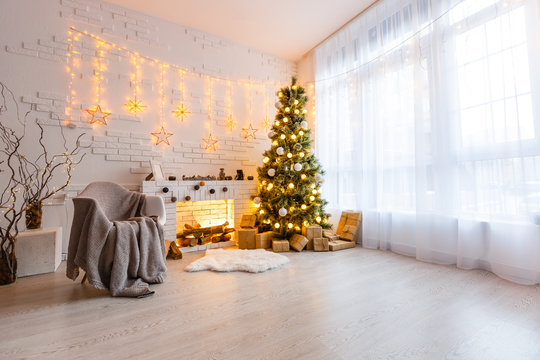 Interior room decorated in Christmas style. No people. Neutral colors. Home comfort of modern home. A series of photos