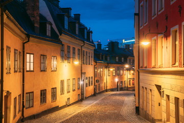 Stockholm, Sweden. Night View Of Traditional Stockholm Street. Residential Area, Cozy Street In Downtown. District Mullvaden First In Sodermalm