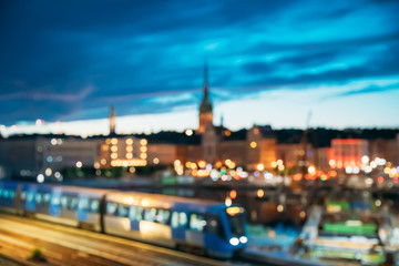 Stockholm, Sweden. Night Skyline Abstract Boke Bokeh Background. Design Backdrop. Subway Train - obrazy, fototapety, plakaty