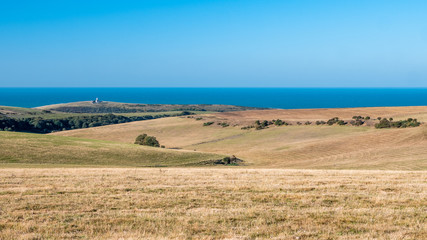 The South Downs, England. The rolling hills and coastline of East Sussex, England, with the Belle Tout lighthouse facing the English Channel.