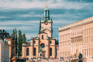 Stockholm, Sweden. Scenic View Of Stockholm Old Town. Great Church Or Church Of St. Nicholas In Gamla Stan In Summer Day. Famous Popular Destination Scenic Place. UNESCO World Heritage Site