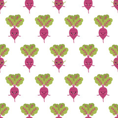 Cute cartoon beet characters vector seamless pattern background for autumn, vegan and harvest design.