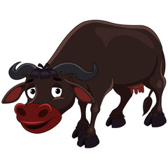 Brown Buffalo Standing with Horns - Cartoon Vector Image