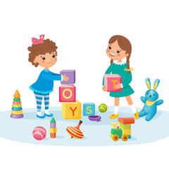 Little happy smiling girls playing with cubes and other toys in the kindergarten. Preschool activity and education. Kids games with fun and joy. Vector illustration, cartoon style.