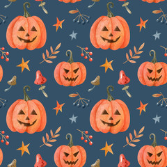 Halloween watercolor seamless pattern with pumpkins and mushrooms isolated on white background. Holiday hand drawn illustration.